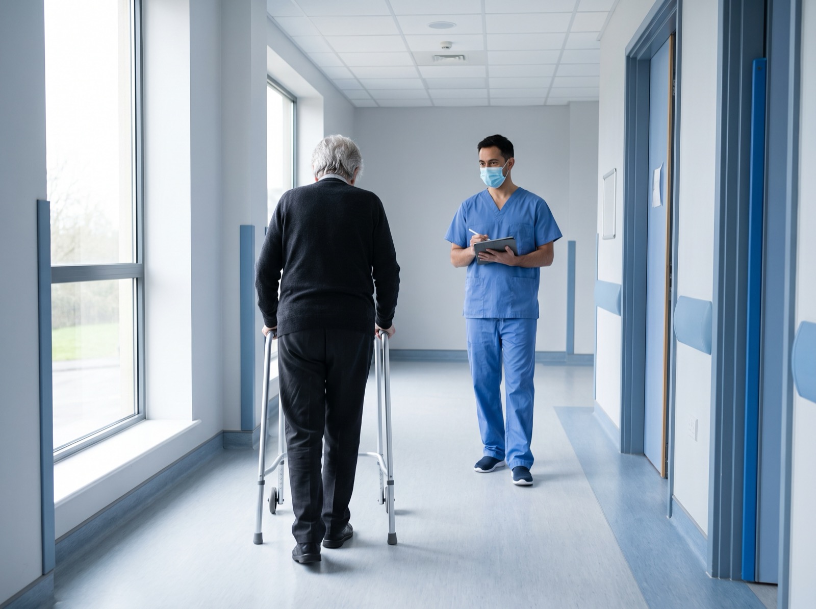 An older adult walking a clinic corridor during a mobility assessment.