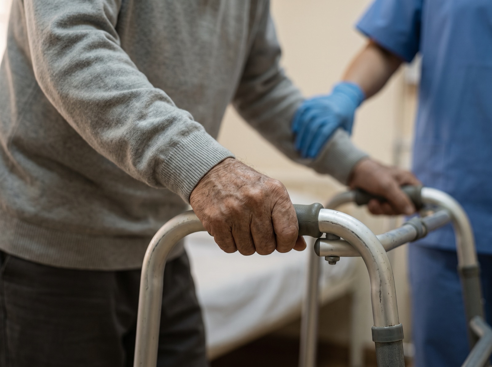An older adult's hands on a walking frame.