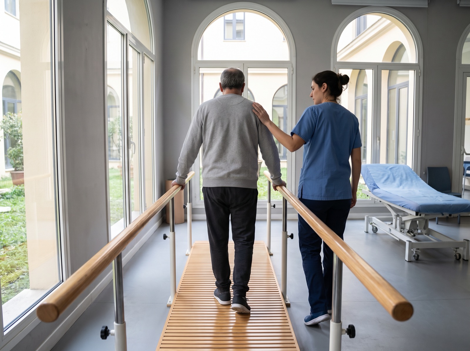 A therapist supporting a patient walking between parallel bars.