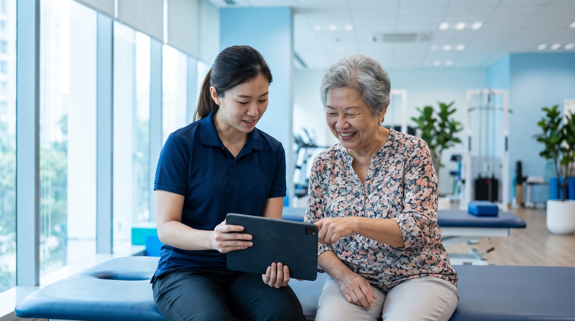 A physiotherapist and an older patient looking at results together on a tablet.