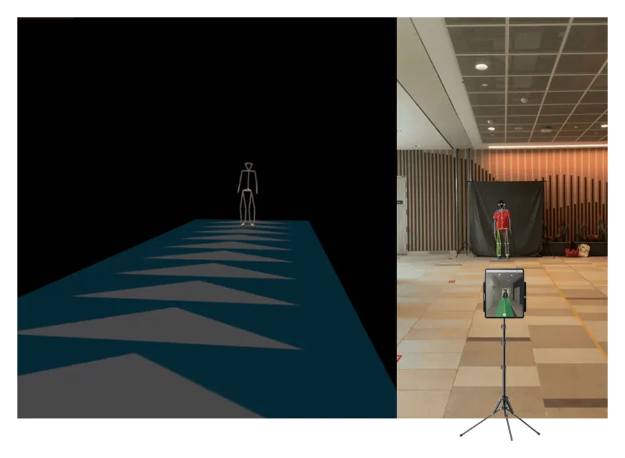 A person walking toward an iPad Pro on a tripod, beside the 3D reconstruction of the walk that 3DGait produces.